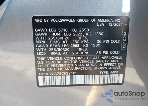 2025 Volkswagen Atlas 2.0T Se W/Technology из США, поврежденный, VIN 1V2JR2CA7SC522165